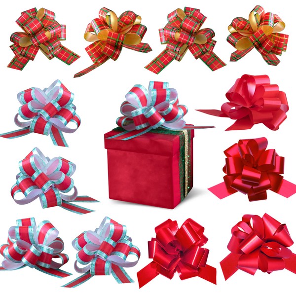 Eye-Catching Xmas Pull Bows for Easy Gift Wrapping with Ribbon - 5" Wide Wrap Bows for Christmas Tree Decoration, Holiday Décor, Present Wrapping, Baskets, Birthday, Easter - 12 Assorted Bows