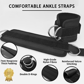 Langmeil Fitness Ankle Straps for Cable Machines, 2 Pack Comfortable Adjustable Padded Ankle Wrist Cuffs, Kickback Glute Workouts for Men Women, D-Ring Leg Straps with Neoprene Padding -Black