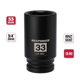 MIXPOWER 6-Point 3/4-Inch Drive Deep Impact Socket- 33mm (Metric), CR-MO, 3/4-inch Drive 6 Point Axle Nut Socket for Easy Removal of Axle Shaft Nuts (33mm)