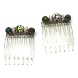 Set of 2 Small Hair Combs Peruvian Ceramic White Green Yellow Tan Green Agate