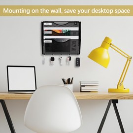 EasyPAG 3 Pocket Mesh Wall File Organizer with Key Hooks, Hanging Paper Folder Holder with Classify Label, Vertical Wall Mount Mail Organizer for Office Home Classroom, Black