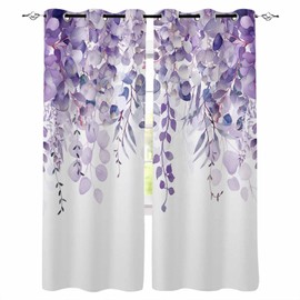 Purple Eucalyptus Blackout Curtains 84 Inches Long for Bedroom,Thermal Insulated Room Darkening Black Out Window Curtain Panels Living Room Grommet Drapes,Romantic Elegant Flower Leaves Herbs 84x84