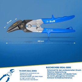 S&R Tin Snips Ideal-Series 260 mm, Strong and Agile, for Metal Sheets Cutting, Right Cut, Industrial Quality