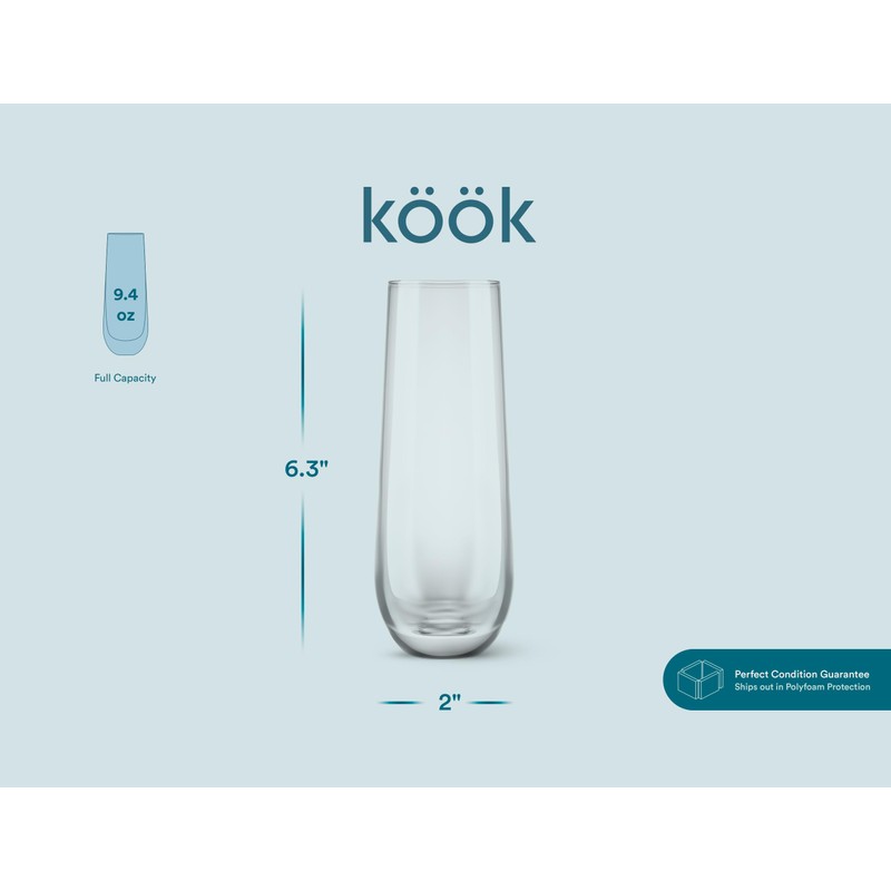 KooK Stemless Glass Champagne Flutes, Cocktail Cups for Rose, 9.4