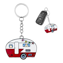 JUSTTOP Camper Keychain, Happy RV Camper Keyring Cute Key Holder, Camping Key Chain Charm Gift for Women Travel Trailers (Red)