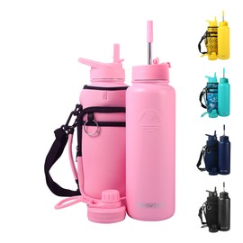 FAHRMOSIS 40 Oz Water Bottle with Strap Stainless Steel Sports Water Bottle with 3 Lids (Straw, Chug and Flip Lid) Insulated Leak Proof Metal Jug for Men & Women - Pink (Solid)