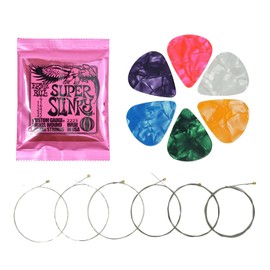 Electric Guitar Strings 6 Pcs Super Slinky Guitar Strings 9-42 Gauge with 6 Guitar Pick Plectrums Design Electric Guitar Strings Suitable Brilliant Sound Strings for A Wide Range of Musical Styles