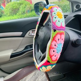 OnEternal - Funda para volante de ganchillo hecha a mano para mujeres y niñas, funda para cinturón de seguridad con flores Galsang (Funda para volante)