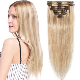 18 inch Real Hair Clip in Hair Extensions #18/613 Ash Blonde&Bleach Blonde 8pcs (70g)