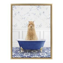 Kate and Laurel Sylvie Alpaca In Eclectic Blue Bath Framed Canvas Wall Art by Amy Peterson Art Studio, 18x24 Gold, Adorable Animal Art Bathroom Wall Décor