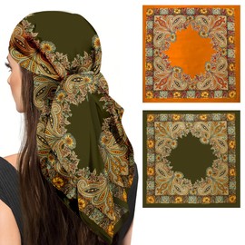 ReignSword 35” Large Square Head Scarf for Women, 2 Pcs Like Silk Hair Fashion Scarves, Silk Bandana Scarf for Hair Wrapping (Green, Yellow), Green, Medium