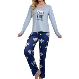 MAIABLEAU Women Pajamas Sets Long Sleeve Sleepwear Top with Pants Soft Lounge Wear 2 Piece PJ Sets Blue Koala S