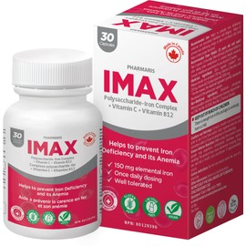 Pharmaris IMAX 150 mg Iron Supplement, 250 mg Vit C, 1000 mcg Vit B12, 30 Capsules, Effective iron pills for Iron deficiency Anemia, Once Daily Dosing