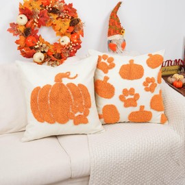 QIONG MENG Fall Pillow Covers 18x18 Inch Set of 2 Dog Paws Pumpkins Decorative Throw Pillow Cases Autumn Harvest Soft Pillowcase for Home Farmhouse Living Room Decor