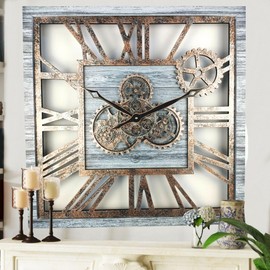 The Gears Clock 24'' Inch Square Real Moving Gear Wall Clock Vintage Industrial Oversized Rustic Farmhouse (Silver Grey)