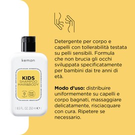 Kemon - Kids Gentle Cleansing Shampoo Hair & Body for Children, Suitable from 3 Years, Ideal for Sensitive Skin, Does Not Burn Eyes, 250 ml