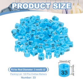 PATIKIL 100 Pcs Clothes Hanger Markers Number 33 Tags Fit 3mm Rod Garment Size Tag Hanger Clips Round Color Coding Label for Clothing Hangers, Blue