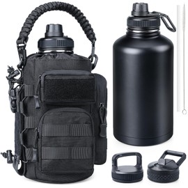 RXW 64 oz Insulated Water Bottle with Sleeve, Half Gallon Stainless Steel Tactical Water Jug Large Military Water Bottle with 3-IN-1 Pouch/3 Lids/Straw/Paracord Handle for Gym, Camping, Workout