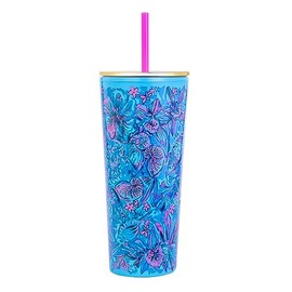 Lilly Pulitzer Double Wall Tumbler with Lid and Reusable Straw, Blue Plastic Cup, Insulated Travel Cup Holds 24 Ounces, Shells N Bells