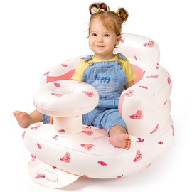 Inflatable Baby Seat with Tray, Comfortable Sit Me Up Baby Chair for Learning to Sit, Built in Air Pump Blow Up Floor Seat with Back Support 3 Months & Up (Bunny with Tray)