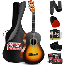Pyle Beginner Acoustic Guitar Kit, 1/4 Junior Size All Wood Instrument for Kids, Adults, 30" Sunburst Teardrop Matte