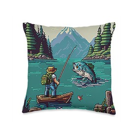 Retro 16 Bit Pixel Art Lake Fishing Outdoors Gifts Retro 16 Bit Pixel Fisherman Lake Boat Fishing Outdoors Art Throw Pillow, 16x16, Multicolor