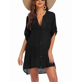AI'MAGE Women's Swimsuit Cover Ups Shirt V-Neck Button Down Bathing Suit Coverups Beach Tunic Top S-3XL, Black, Medium