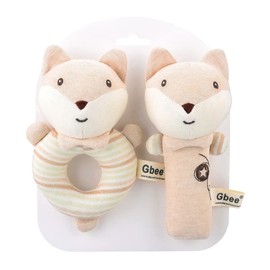 Anguxer Pack of 2 Baby Rattles Toy, Cartoon Animal Rattle with Bell Bell, Grasping Toy for Rattling Made of Organic Cotton, Baby Toy 0+ Months (Fox)