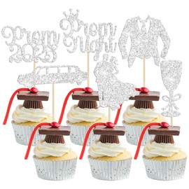 Gyufise 24Pcs Prom Cupcake Topper Prom Decorations for Party 2025 Prom Graduation Cupcake Topper 2025 Graduation Decorations Class of 2025 College Graduation Decorations Prom Party Decorations Silver