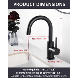 Tohlar Black Bathroom Sink Faucet, Single Hole Bathroom Faucet with Sprayer, RV Vanity Small Kitchen Faucet with 360° Rotation Spout, Matte Black Bar Sink Faucet with Pop Up Drain, 24” Supply Hoses