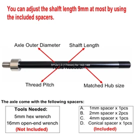 Bike Trailer Hitch Thru Axle Adapter 12mm Thru Axle with 1.0/1.5/1.75 Thread Pitch 167mm to 185mm Shaft Length (1.0-174mm)