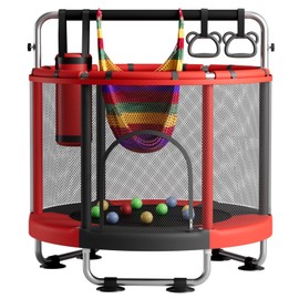 ZCMHAXJ 55" Trampoline for Kids with Enclosure, 440lbs Capacity Indoor & Outdoor Toddler Trampoline with Adjustable Gymnastics Bar & Toys, Gifts for Boys & Girls