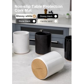 Nucookery Utensil Holder, 6.4" Ceramic Kitchen Utensil Holder with Countertop-Protection Cork Bottom, Farmhouse Kitchen Decor for Counter (White)