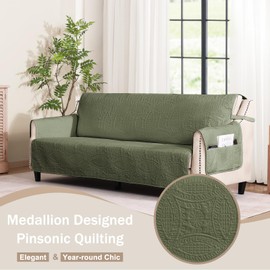 Pamhaven Quilted Olive Green Sofa Slipcovers with Pockets, Anti-Slip Medallion Couch Covers for 3 Cushion Sofa, Couch Cover for Dogs Cats Water-Repellent Machine Washable (Large Sofa 68", Olive Green)