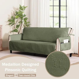 Quilted Olive Green Sofa Slipcovers with Pockets, Anti-Slip Medallion Couch Covers for 3 Cushion Sofa, Couch Cover for Dogs Cats Water-Repellent Machine Washable (Large Sofa 68", Olive Green)