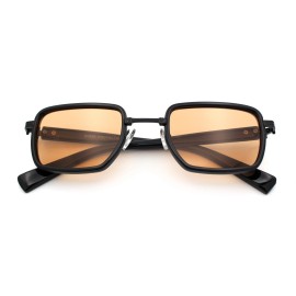 SA106 Hipster Dad Fashion Double Rim Narrow Rectangular Luxury Sunglasses - Gunmetal Black - Beige