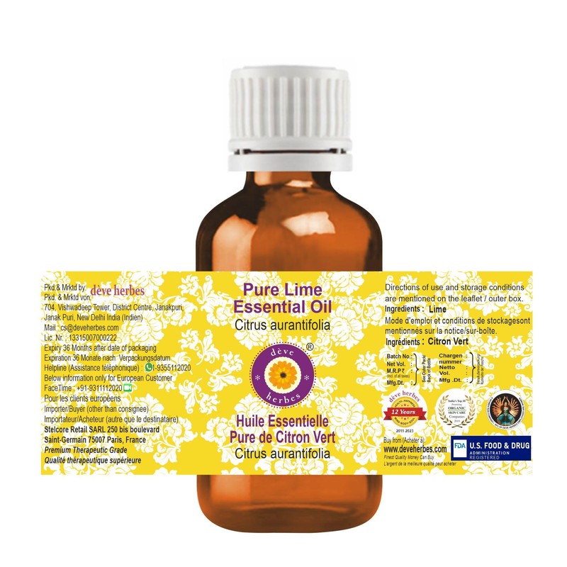 Deve Herbes Pure Lime Essential Oil (Citrus aurantifolia) Natural Therapeutic