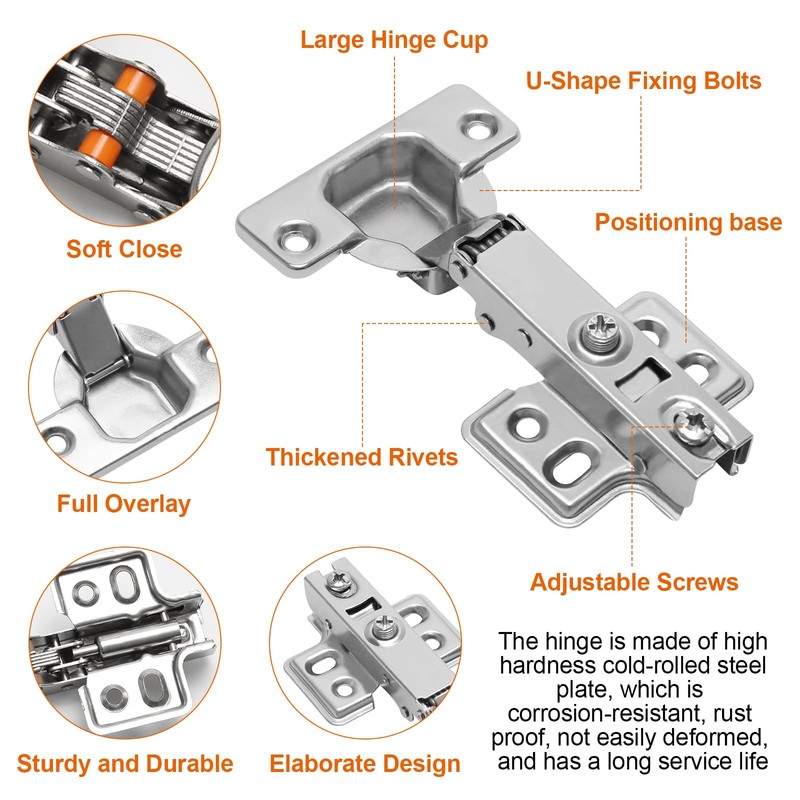 6 Pcs Kitchen Cupboard Hinges, Cabinet Hinges Soft Close Full