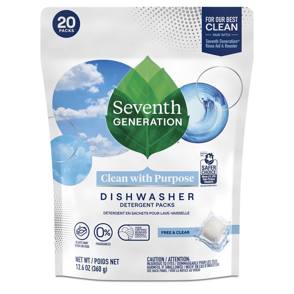 Seventh Generation Dishwasher Detergent Pods, Blasts Away Stuck-On Food, Free & Clear, 20 Pods