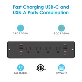 8 Outlet Recessed Power Strip, 30W Fast Charging Furniture Power Outlet USB C, 4 USB-A and 4 USB-C, 6ft Power Cord.