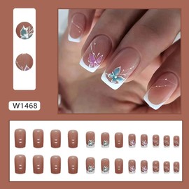 Curvlife Short Press on Nails, 30pcs Acrylic Fake Nails with Design Butterfly Style Full Cover False Nails for Women Reusable Kit with Nail Glue Adhesive Tabs Nail File