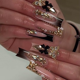 RUOKEXIN Long Press on Nails Black French Tip Fake Nails Square False Nails with Gold 3D Butterfly Designs Gold Glitter Glue on Nails Black Bow Artificial Nails Cute Stick on Nails for Women 24Pcs