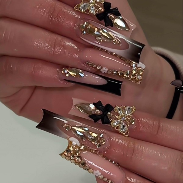 RUOKEXIN Long Press on Nails Black French Tip Fake Nails