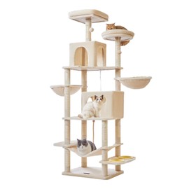 Taoqimiao 76-Inch Cat Tree Cat Tower for Indoor Cats, Plush Multi-Level Cat Condo with 12 Scratching Posts, 2 Perches, 2 Caves, Hammock, 2 Pompoms MS016M Beige