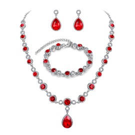 BriLove Wedding Bridal Jewelry Set for Women Crystal Infinity Figure 8 Teardrop Y-Necklace Dangle Earrings Tennis Bracelet Ruby Color Silver-Tone July Birthstone