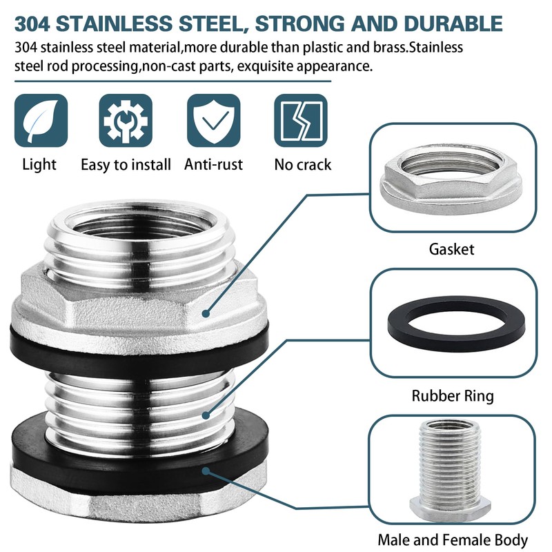 Stainless Steel 304 Tank Bulkhead Fitting With 2 Rubber Ring,Double