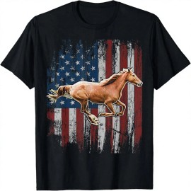 Vintage Patriotic Horse American Flag Animal Print Horseback Riding Farm Gift T-ShirtColor: Multicolor, Size: S