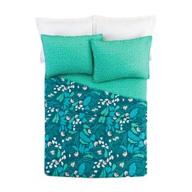 Makers Collective Jungle Floral 100% Cotton 3-Piece Quilt Set by Elizabeth Olwen, Lightweight All Seasons Coverlet Set - Full Queen Size, Green/Blue