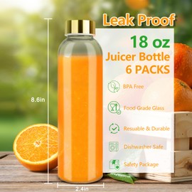 Zukro Glass Juice Bottles with Lids for Juicing 18 oz, Reusable Clear Glass Water Bottles with Stainless Steel Airtight Cap for Refrigerator, 100% Leak Proof, BPA Free, Set of 6, Gold