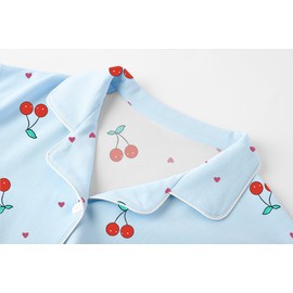 QZH.DUAO 100% Cotton Girls' Pajama Set with Button-Up Short Sleeve Sleepwear Nightwear Loungewear for girl, Blue Cherry, 9-10 Years